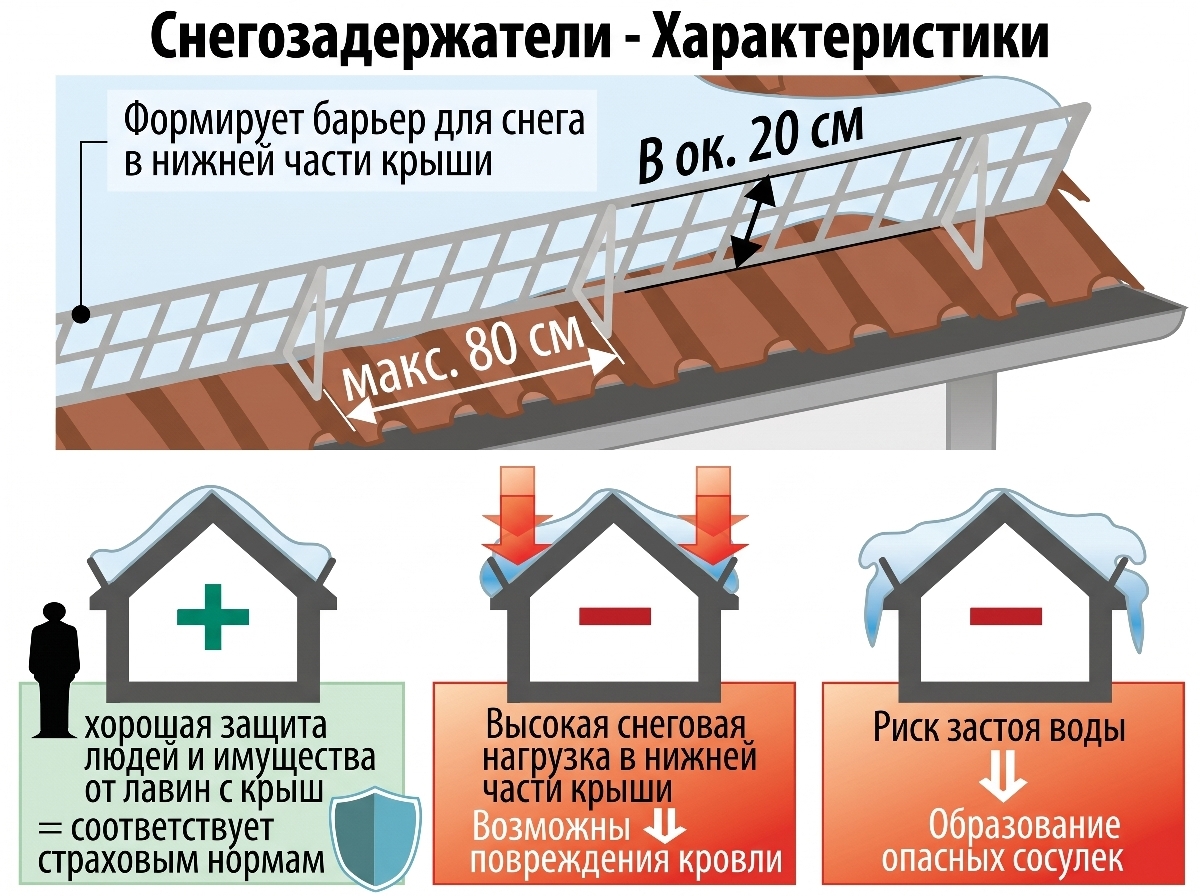 Особенности линейного снегозадержания. При скатах длиной более 6 метров одного ряда недостаточно!