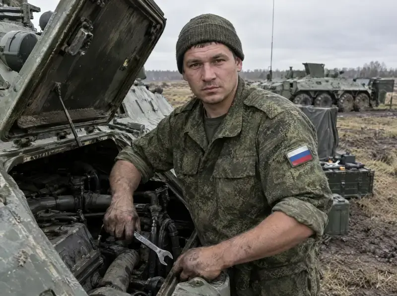 Механик ремонтирует двигатель бронетехники в поле