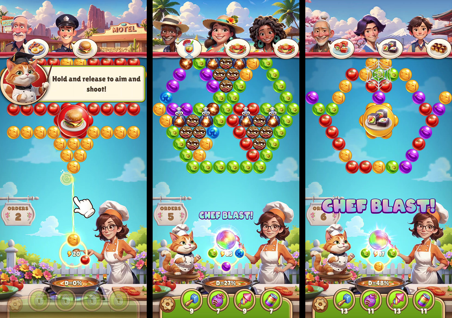 Скриншоты геймплея — bubble shooter, прицеливание, комбо Chef Blast и заказы