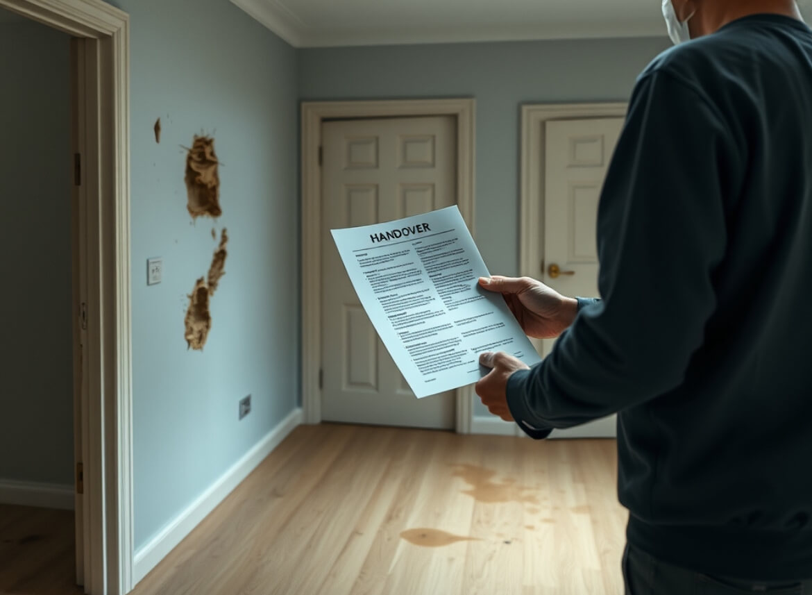 Image of a landlord inspecting an apartment after the tenant has moved out. The landlord is holding the check-in/check-out report, which shows damages: holes in the walls, a broken door, and stains on the floor