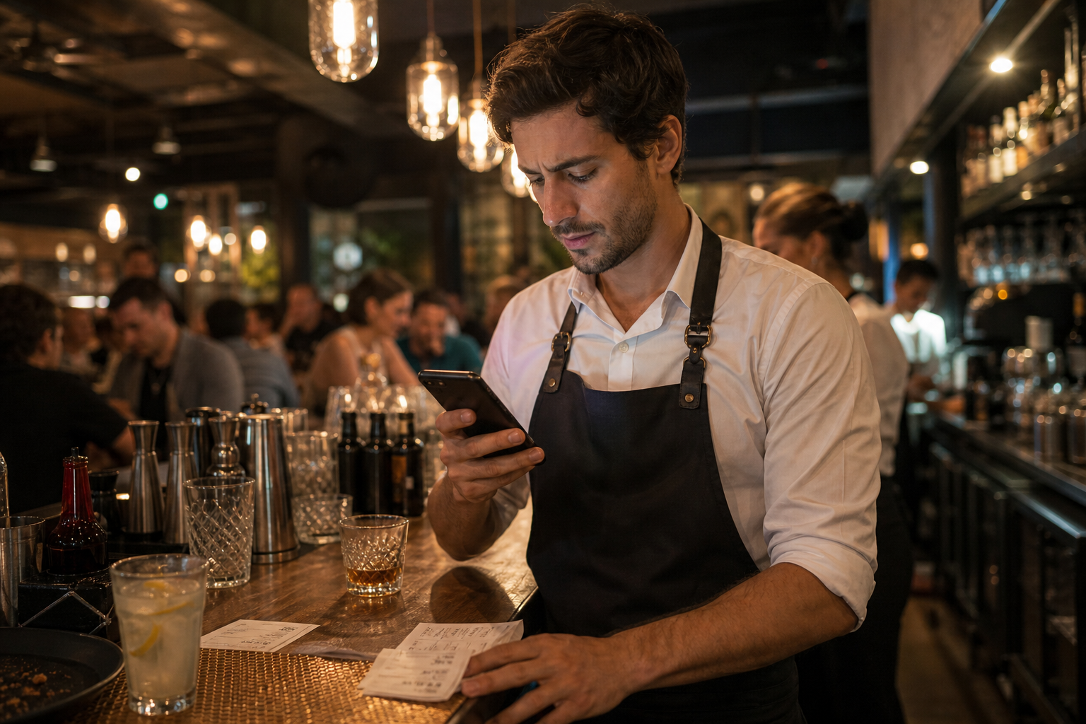 Restaurant staff checking messages during busy service