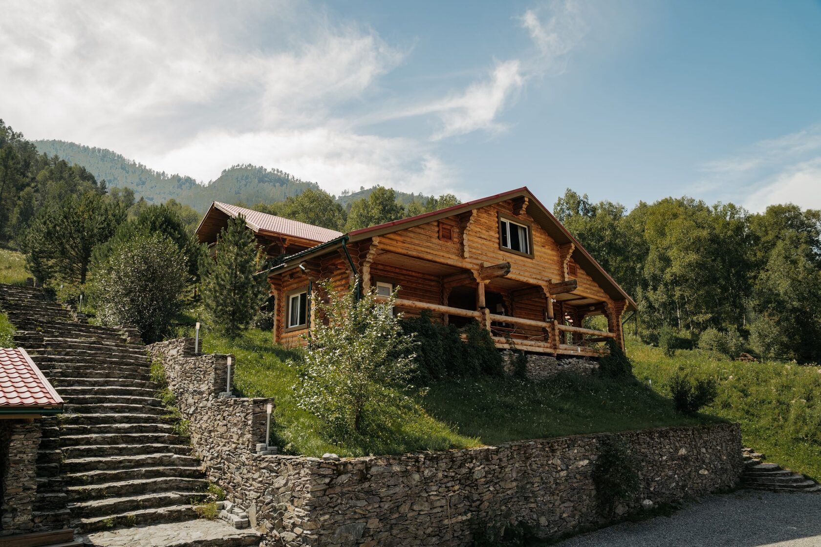 Wooden chalet staircase and porch