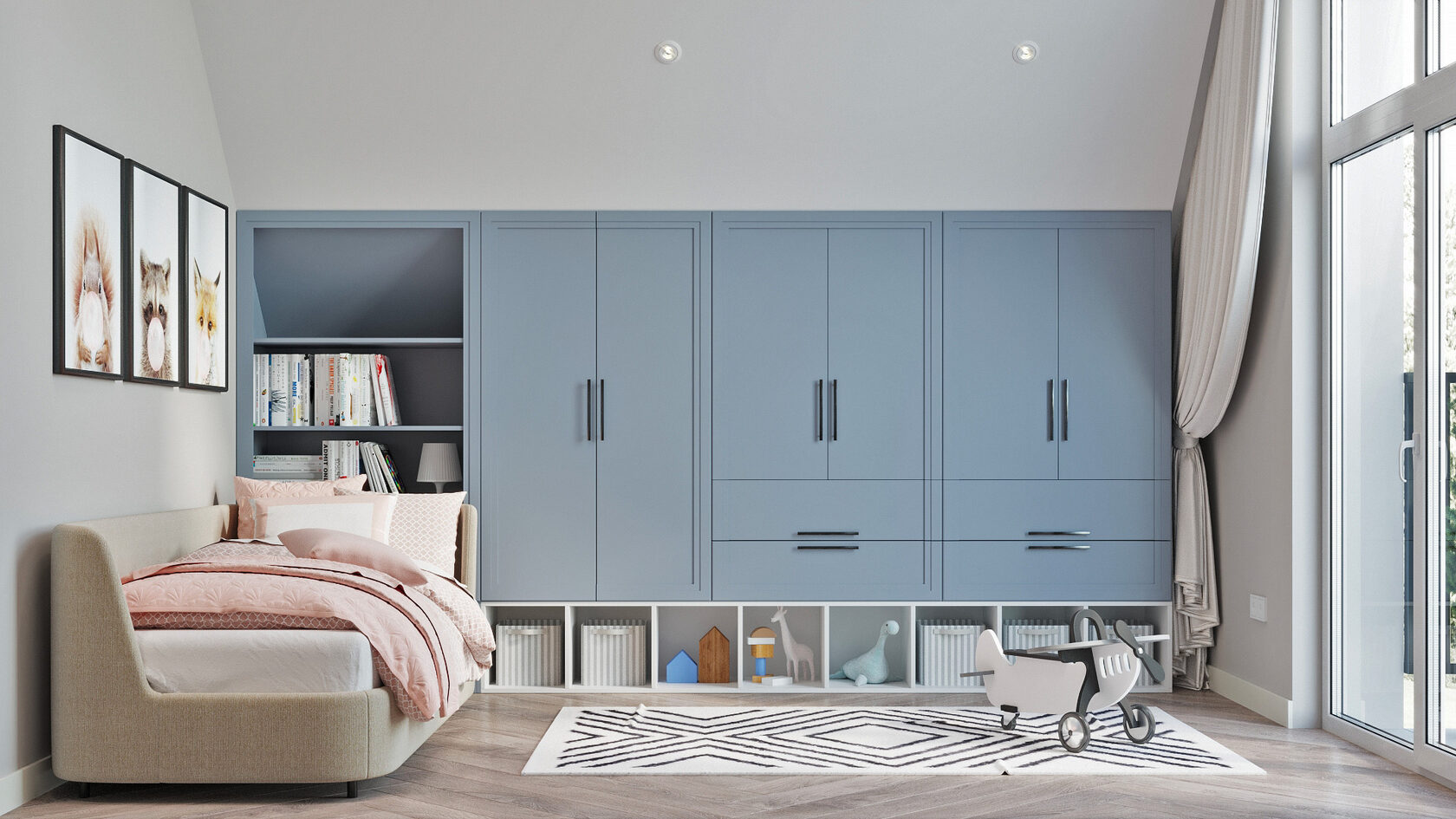 Aménagement chambre enfant et bébé moderne avec armoire bleue et lit cosy