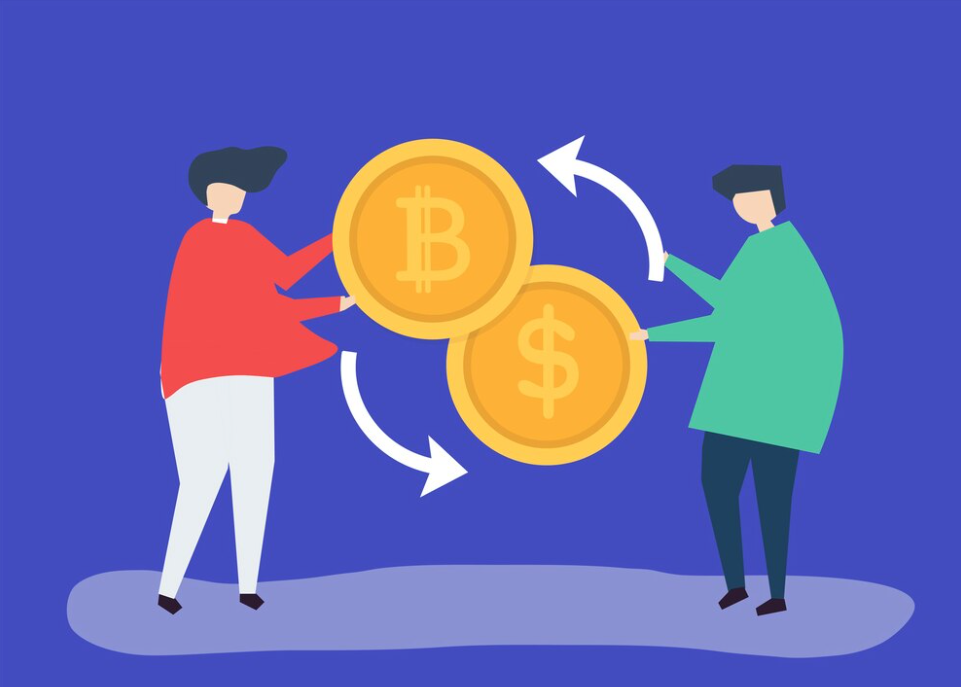 Convert BNB to USD: a vector illustration of two people exchanging two digital assets