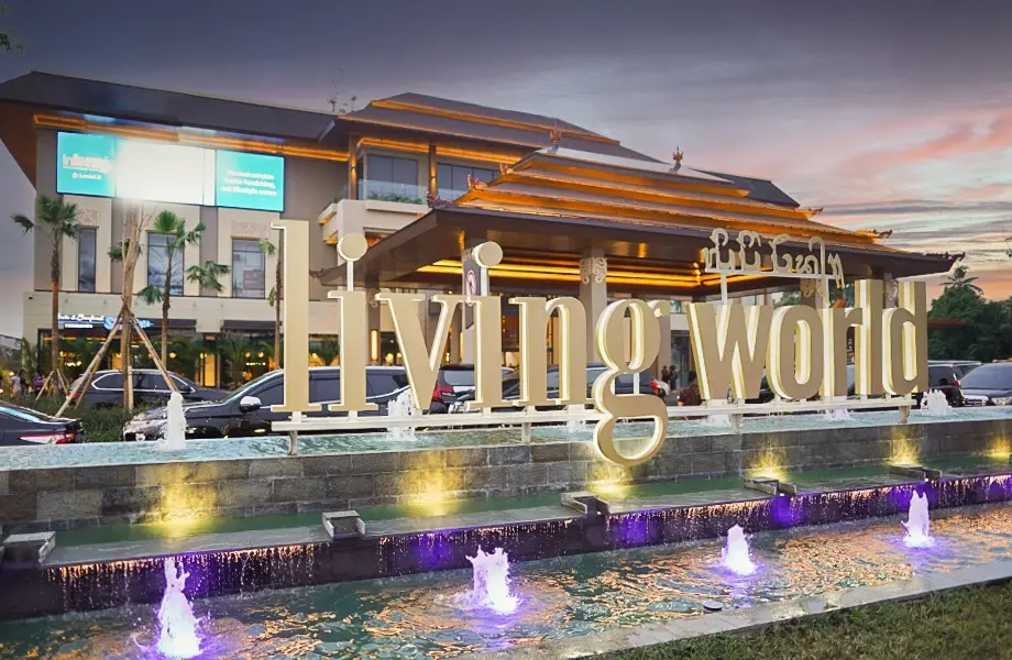 The grand entrance and water fountain of Living World Mall in Denpasar, a spacious local favorite offering a comfortable option for where to watch a movie in Bali.