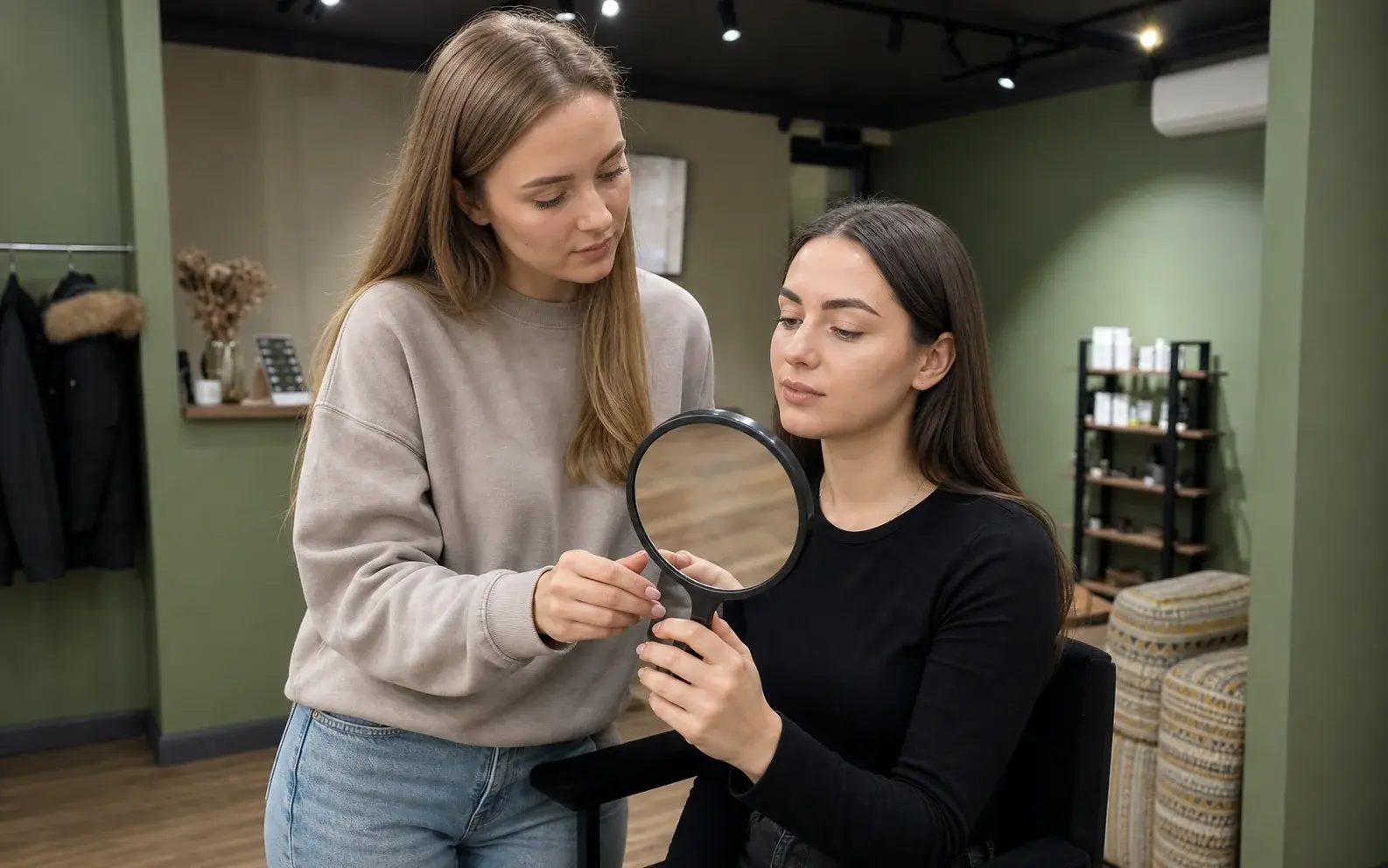 Гостья и бровист MagicLashes согласуют результат у зеркала
