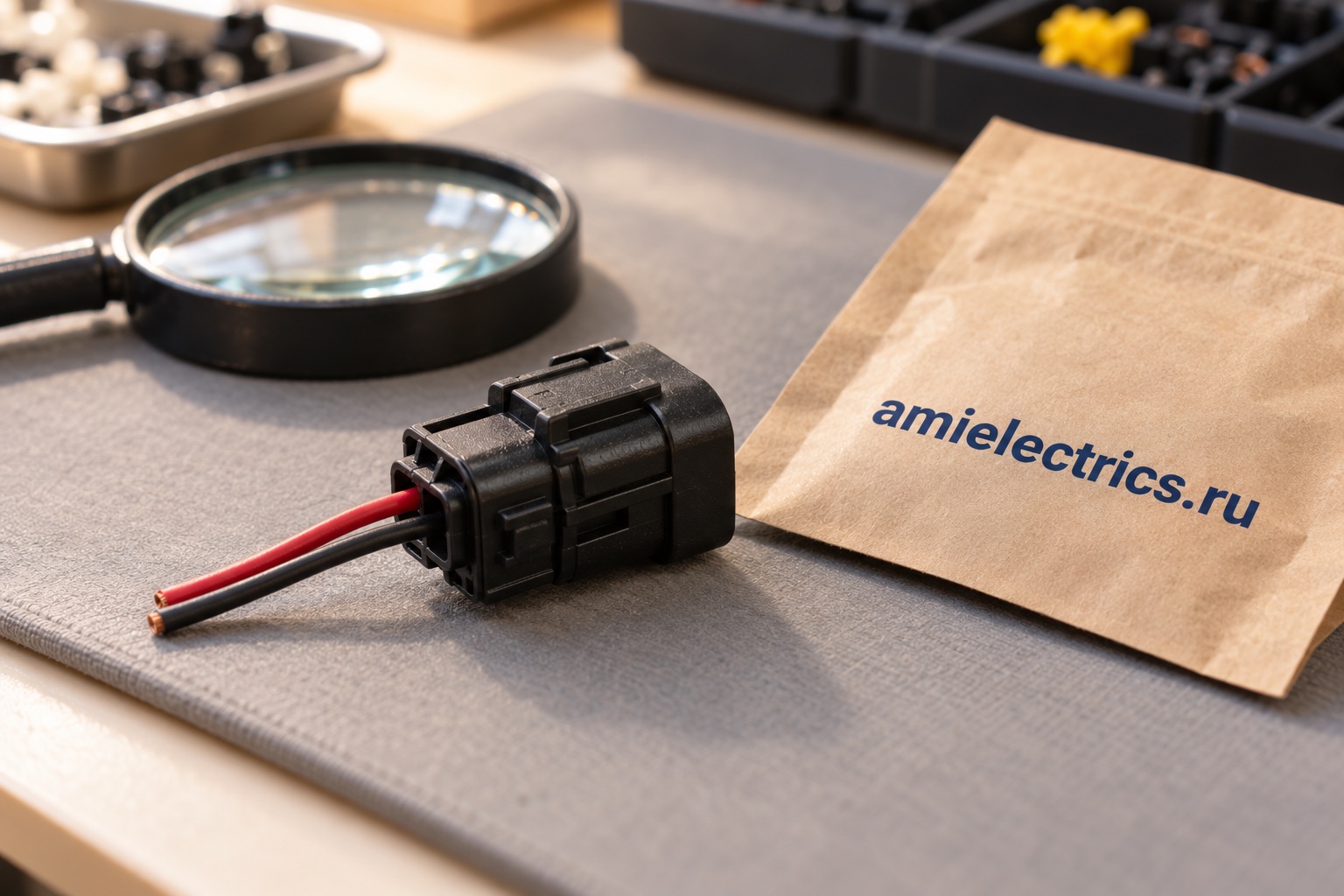 Разъём с двумя проводами рядом с лупой и упаковкой amielectrics.ru; тематическая иллюстрация