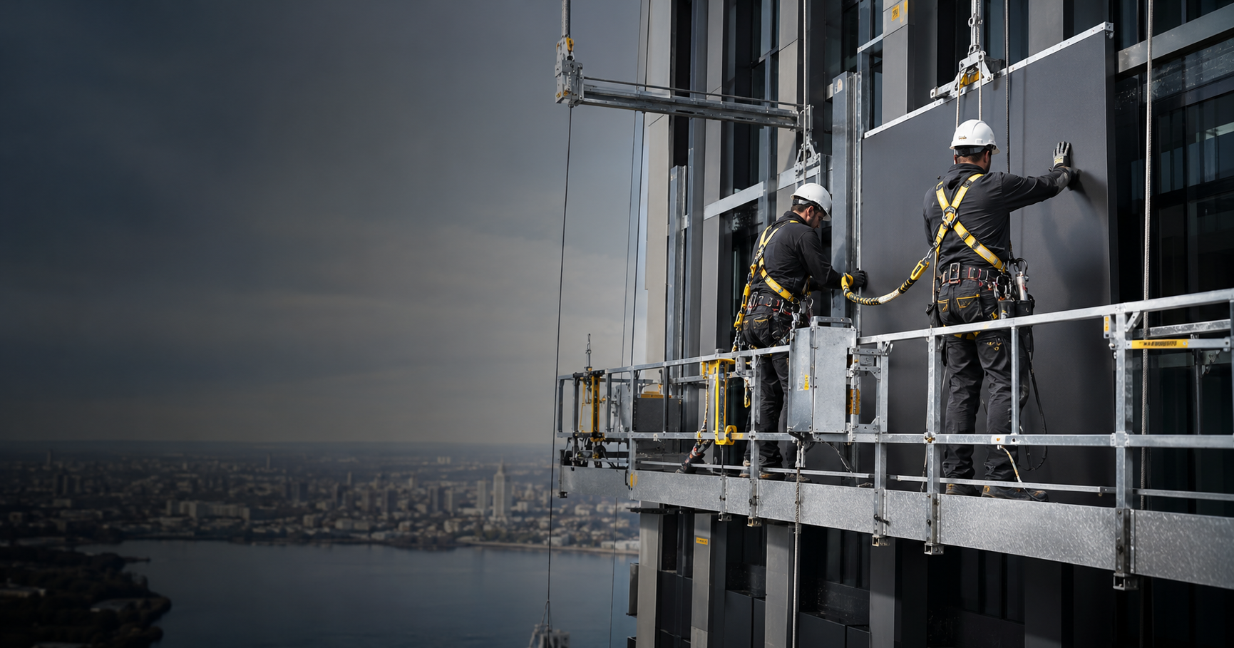 Монтажники выполняют работы на высоте на фасаде здания