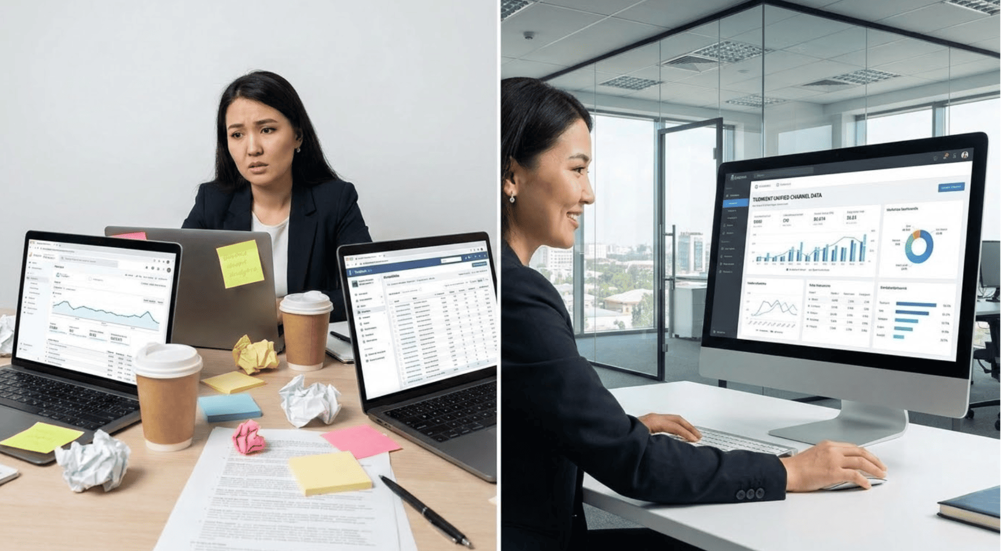 Enterprise CMO reviewing predictive CPA and ROAS metrics on a real-time marketing analytics dashboard, with Minora AI surfacing a blind spot in campaign attribution.
