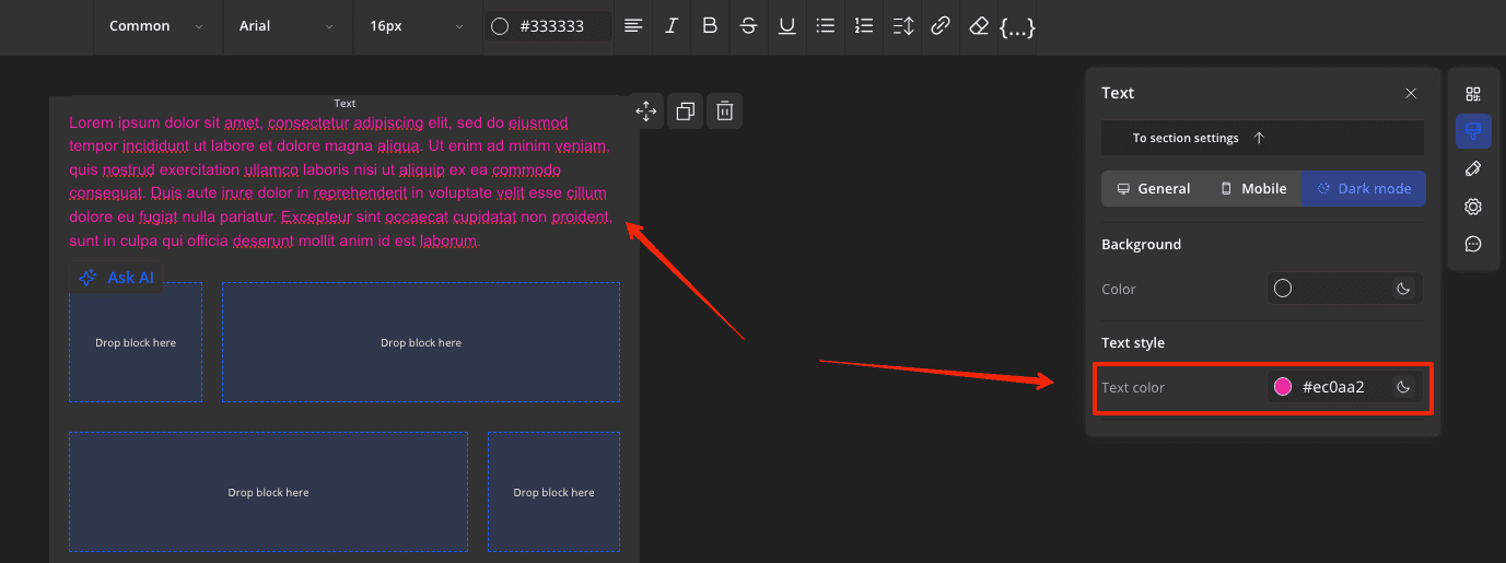 Setting up text colors in text block settings for dark mode
