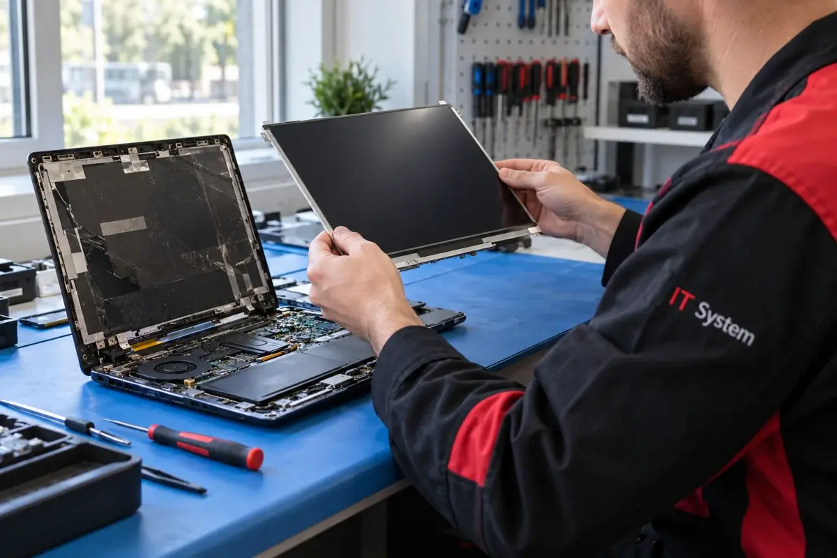 Мастер IT System устанавливает новый экран ноутбука