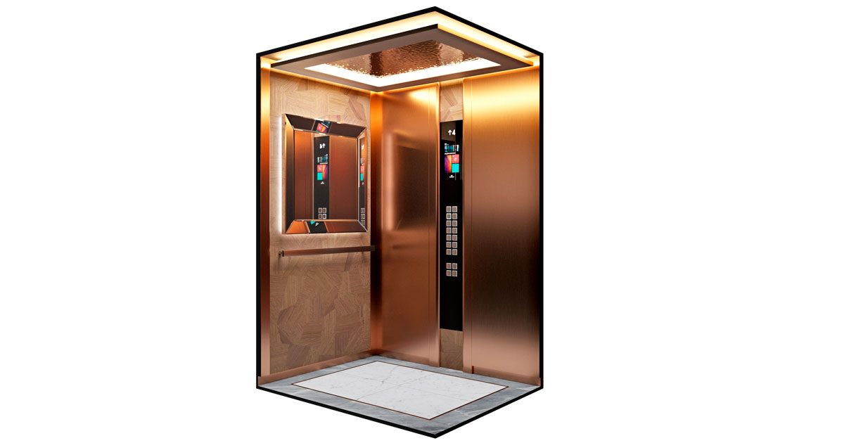 Лифт пассажирский Wellmaks Nova Heritage эксцентричный и роскошный дизайн с использованием медных оттенков в интерьере, создающих атмосферу уюта и богатства.