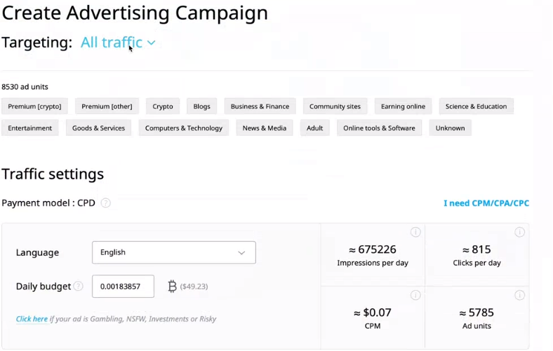 A-ADS ad campaign settings