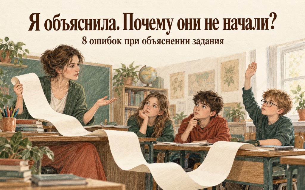 Учительница держит длинный свиток объяснения, дети ещё не начали работу