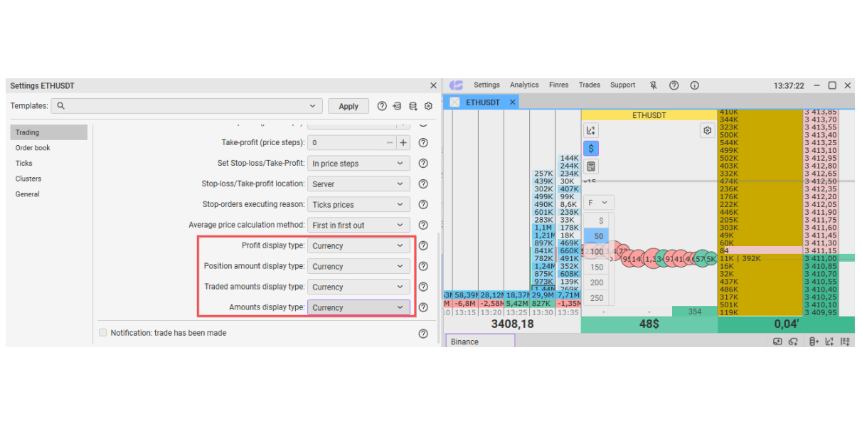 CScalp new settings: It is now possible to choose to display volumes in $ or lots