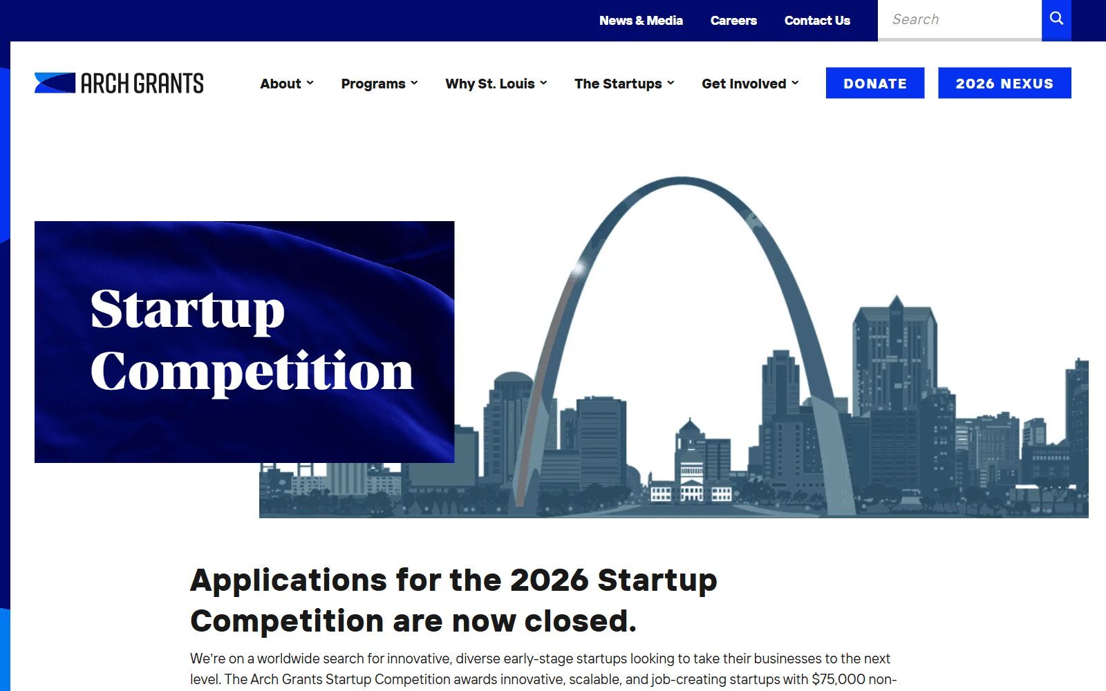 Arch Grants Startup Competition page screenshot (October 2026)