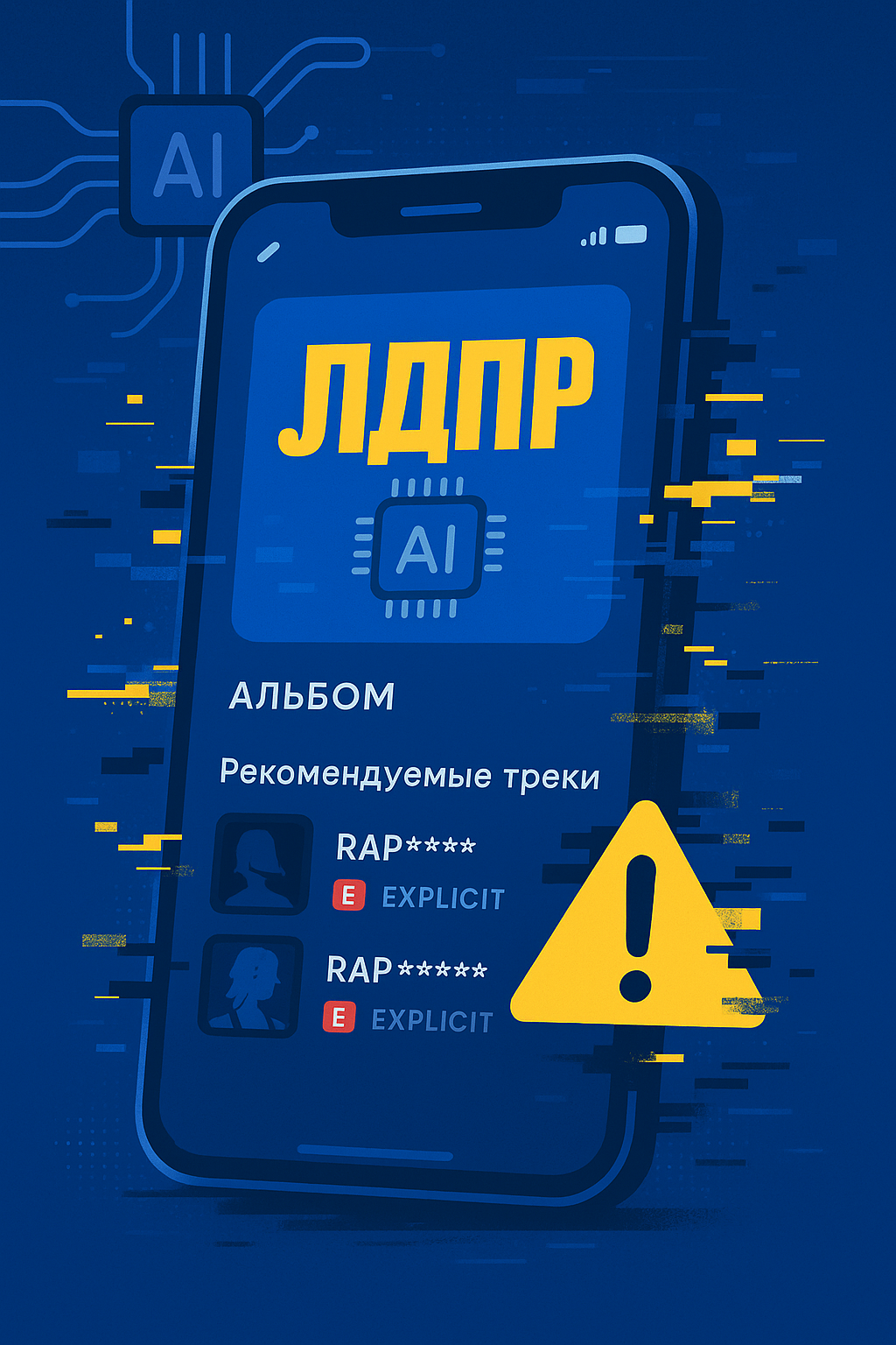 HD ARTEL — «Алгоритм против бренда» (digital illustration): смартфон с обложкой AI альбома ЛДПР, вокруг глитч фрагменты трэп релизов с пометкой Explicit и жёлтый знак предупреждения; сине жёлтая палитра, минимализм