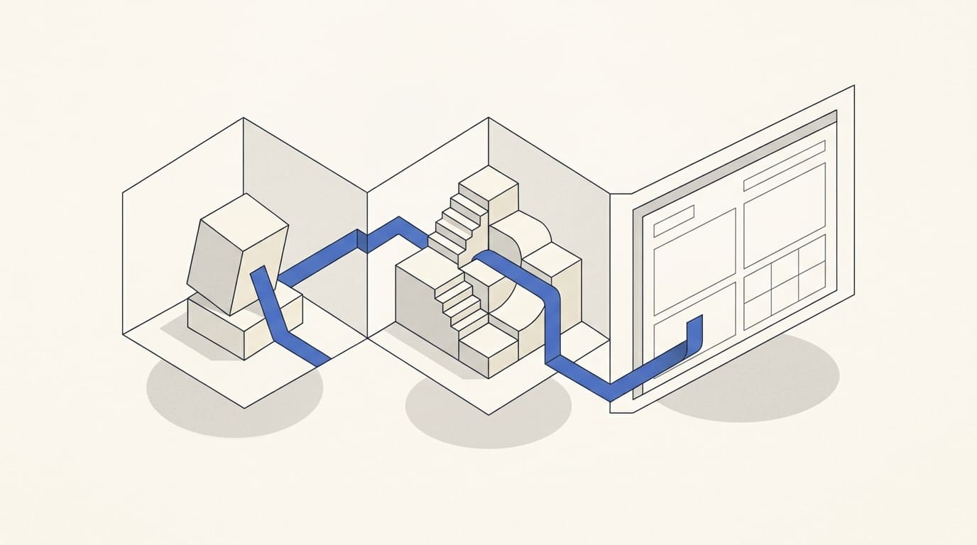 An open project folder with three panels showing an initial block, assembled pieces and a website frame.