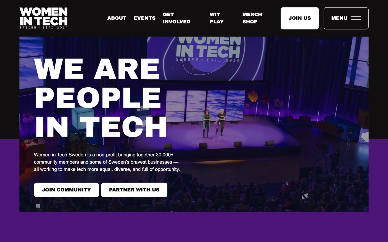 Women in Tech Sweden homepage screenshot: Swedish community for women in tech