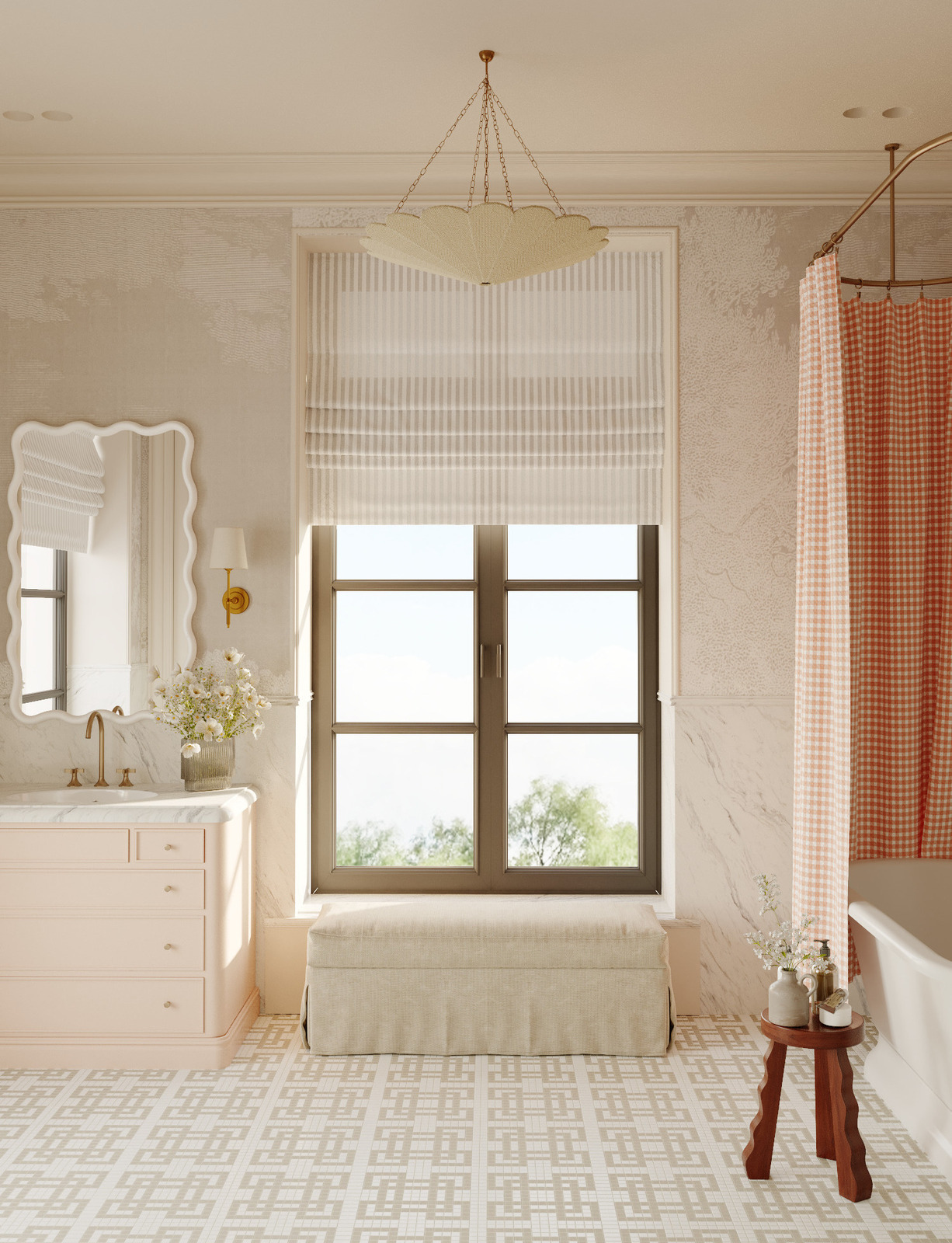 Санузел дочери с мозайкой Bisazza и обоями для влажных помещений в интерьере загородного дома дизайнера Екатерины Фёдоровой