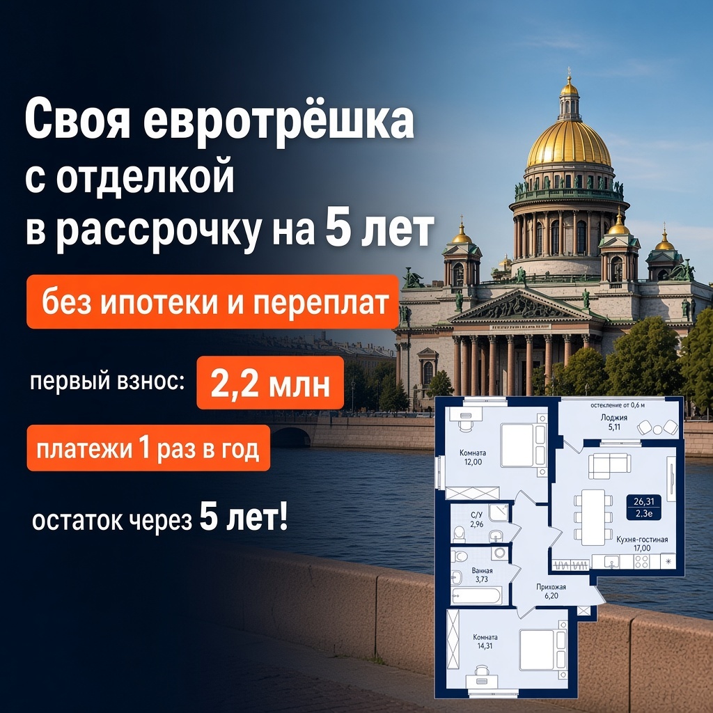 Евротрёшка с отделкой в рассрочку на 5 лет