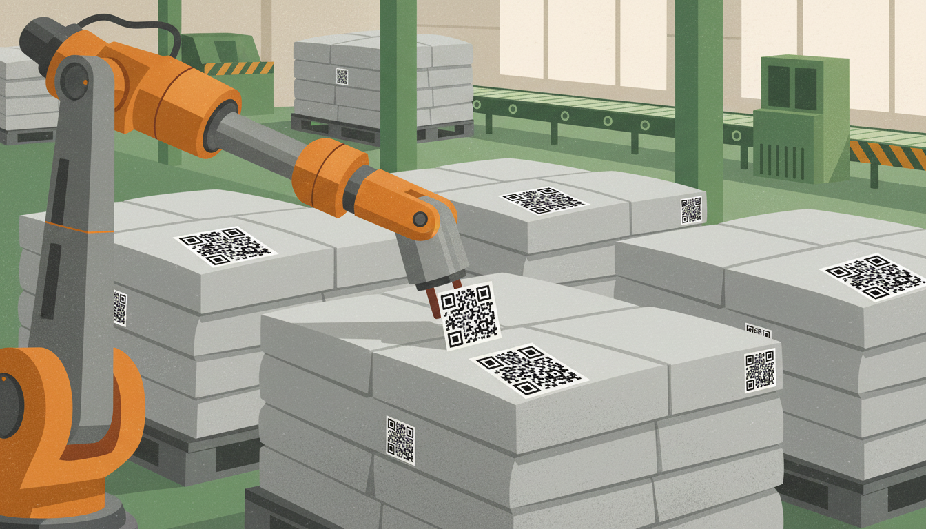 Роботизированная рука с оранжевым манипулятором сканирует QR-коды на серых транспортных коробках на складском конвейере