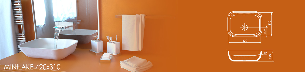 Раковина MINILAKE 420x310 из акрилового камня, размеры: ширина 420 мм, глубина 310 мм, высота борта 120 мм. Прямоугольная форма с закруглёнными углами, схема параметров и монтажа