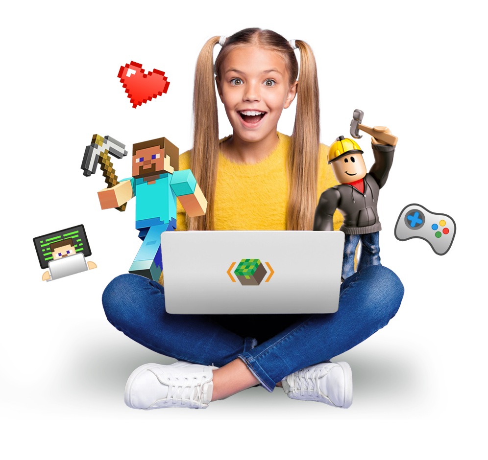 Девочка с ноутбуком изучает программирование в Minecraft и Roblox