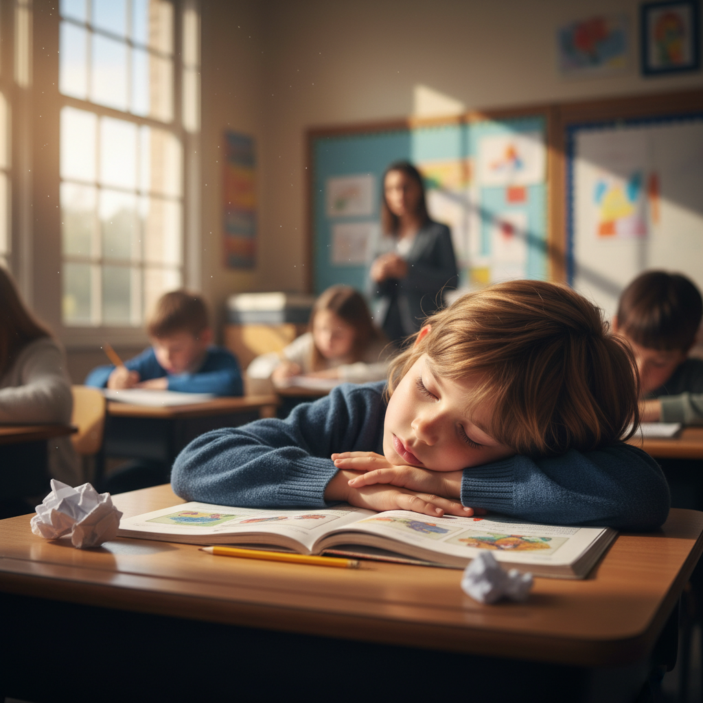 Ребенок спит за партой в классе, пока учитель дает задания другим ученикам
