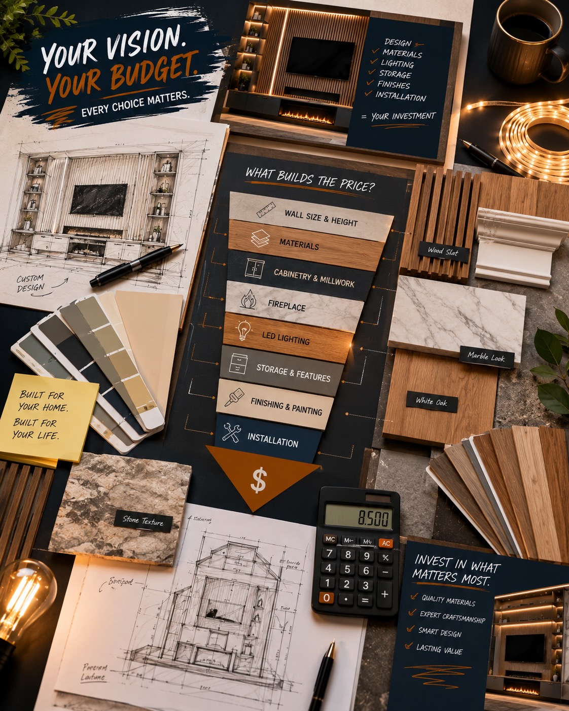 Designer planning board for a custom wall project featuring architectural drawings, material samples, white oak finishes, marble-look panels, cabinet profiles, color palettes, lighting components, and project planning tools used to develop a personalized budget.