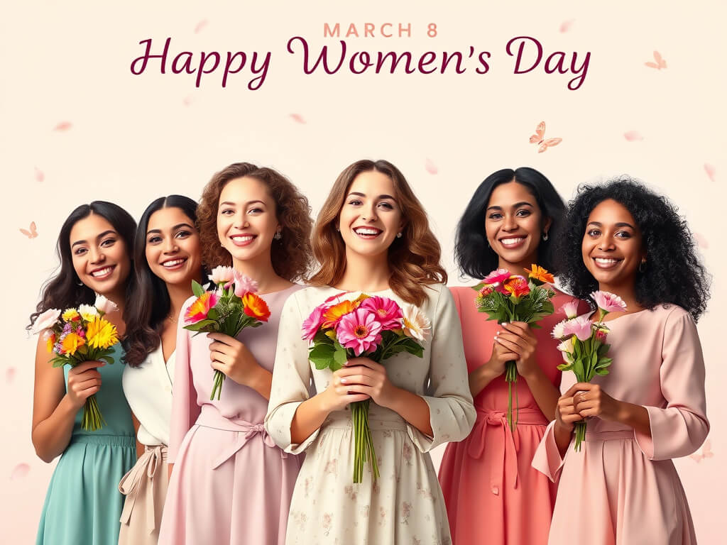 The image for International Women’s Day features women from different continents, united in a moment of celebration and respect. Each woman is smiling and holding bright flowers, symbolizing spring and renewal. The soft pastel background creates an atmosp
