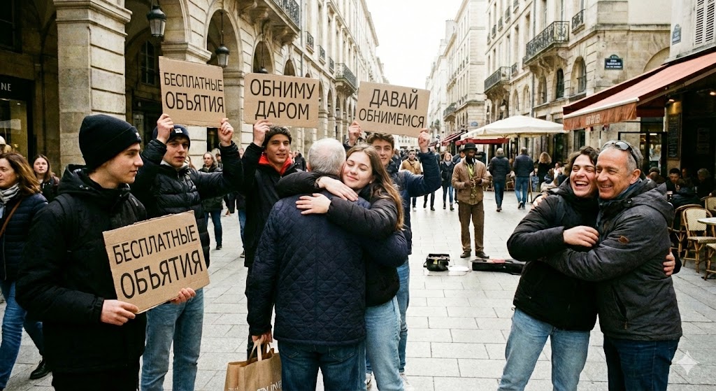 Участники акции Free Hugs с плакатами предлагают бесплатные объятия прохожим