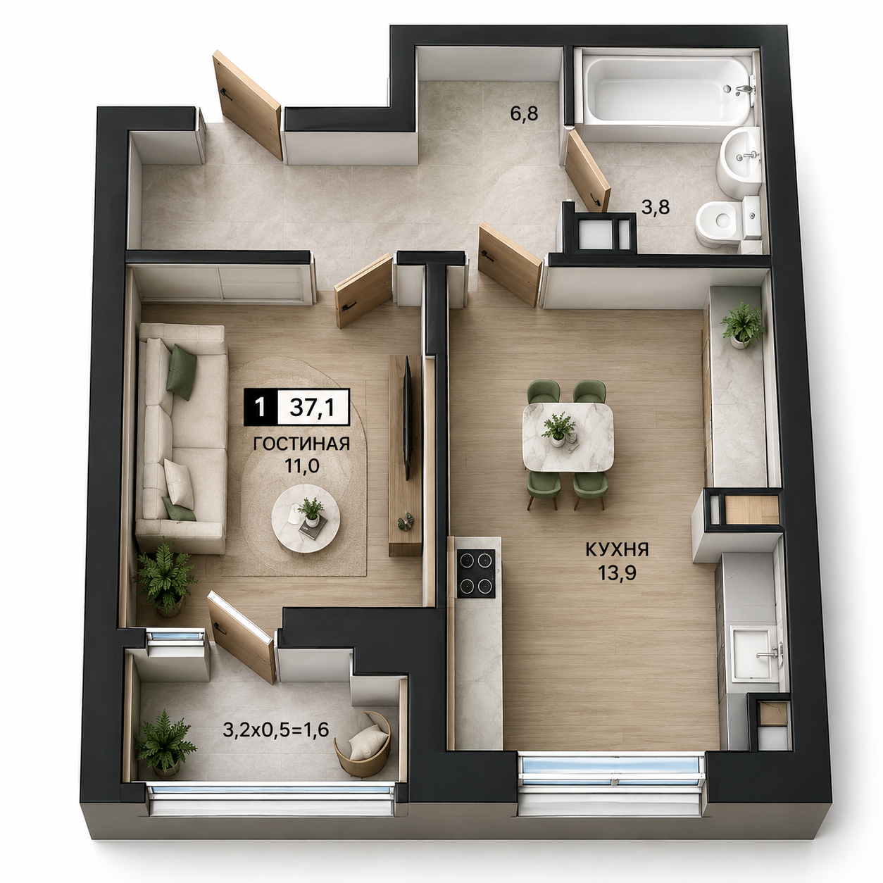 3D-планировка квартиры 37,1 м²