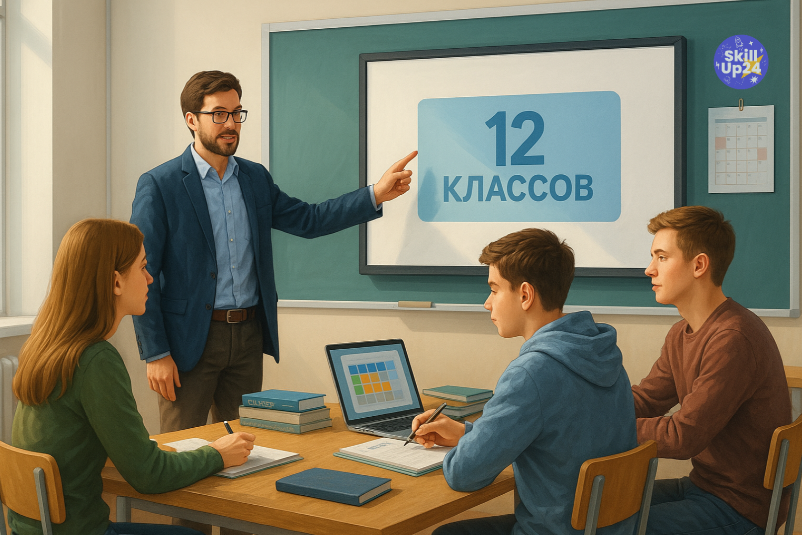 Современный школьный класс в России: учитель у интерактивной доски объясняет концепцию 12-летнего обучения, старшеклассники 15–17 лет слушают и обсуждают, светлая аудитория с ноутбуками и естественным дневным освещением