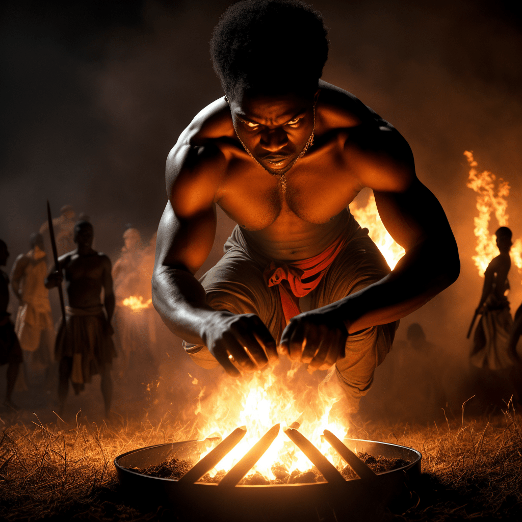 close-up of a capoeira warrior, a secret Candomble circle behind the senzala in countryside Brazil at night, invoking the powers of Ogun and the Orishas, umbanda dance and macumba offerings, consecrating the holy (capoeira warrior), war preparations, Yoruba singing, masterpiece 8k ((digital art by greg rutkowski)), dark red tones, intense dramatic action scene, sharp focus, rural background, grass and dirt in the ground, intense light from the firepit, the slaves will fight for freedom