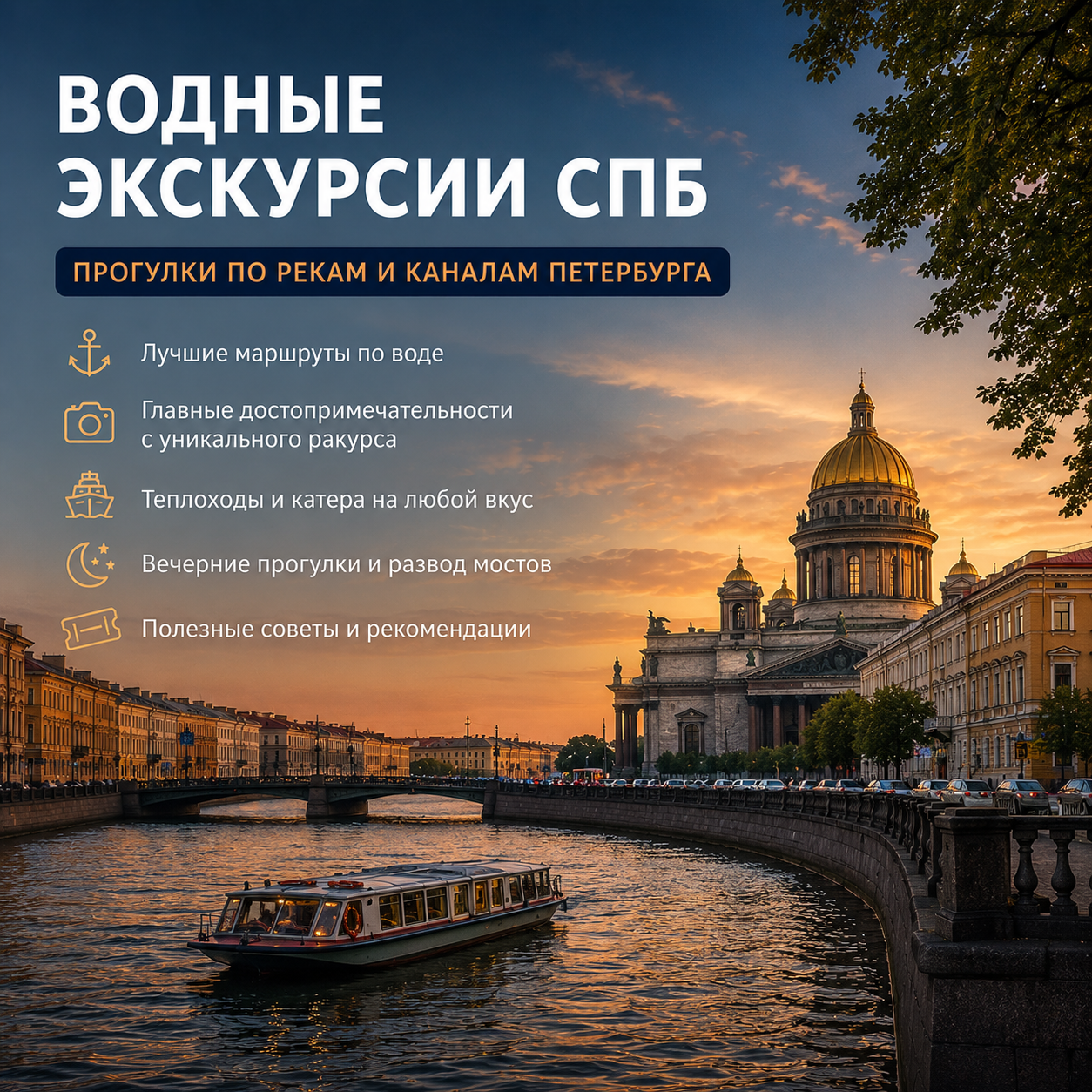 Маршрут по каналам СПб - прогулка на катере по рекам и каналам Санкт-Петербурга на закате