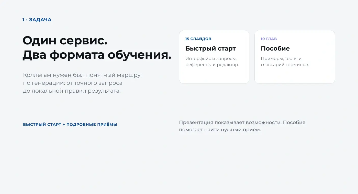 Учебный маршрут по одному сервису: презентация на 15 слайдов и пособие на 10 глав; от формулировки запроса до точечной правки изображения.
