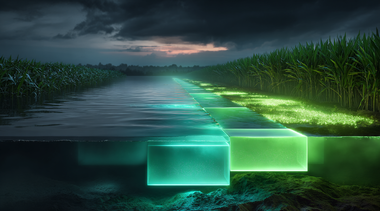 Футуристичная система очистки сточных вод в сельскохозяйственном канале: под водой светящиеся зеленые модули биореактора, рядом поле кукурузы; визуализация преобразования загрязненной воды в энергию и ресурсы для аграрного производства.