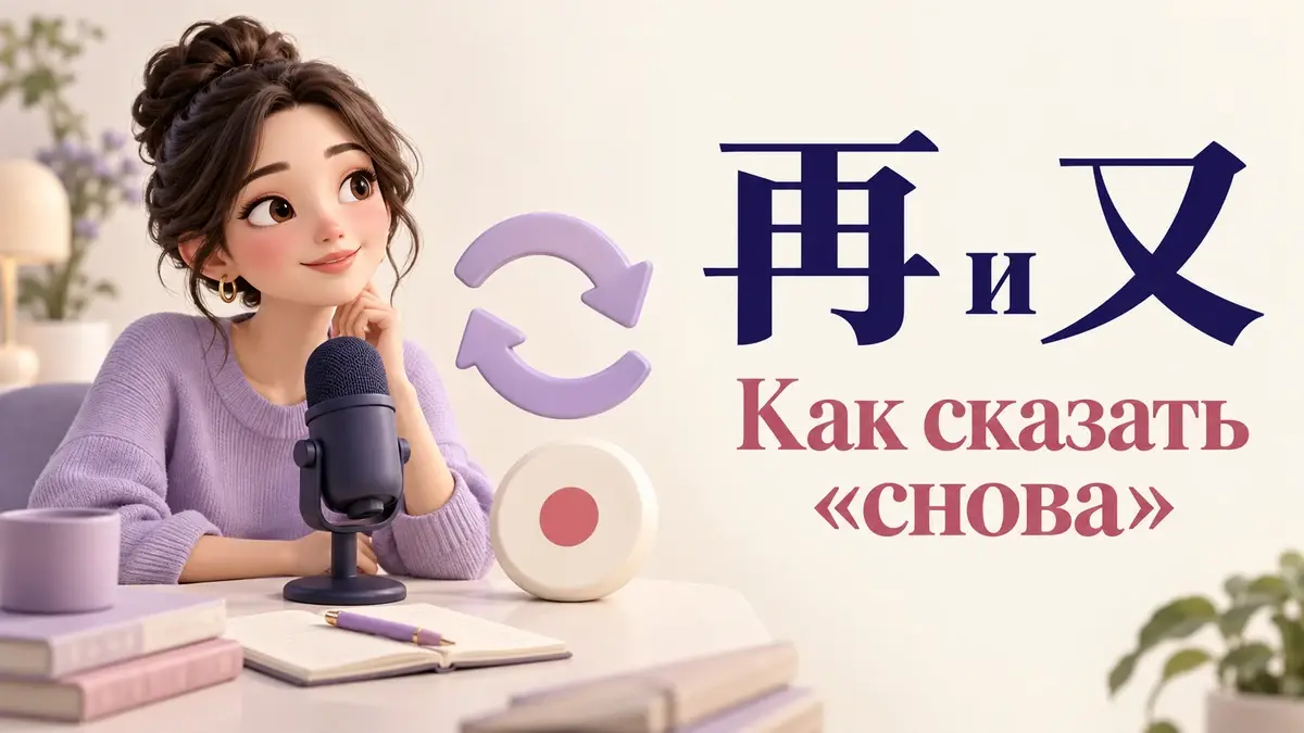 Девушка у микрофона и стрелки повторения: как употреблять 再 и 又.