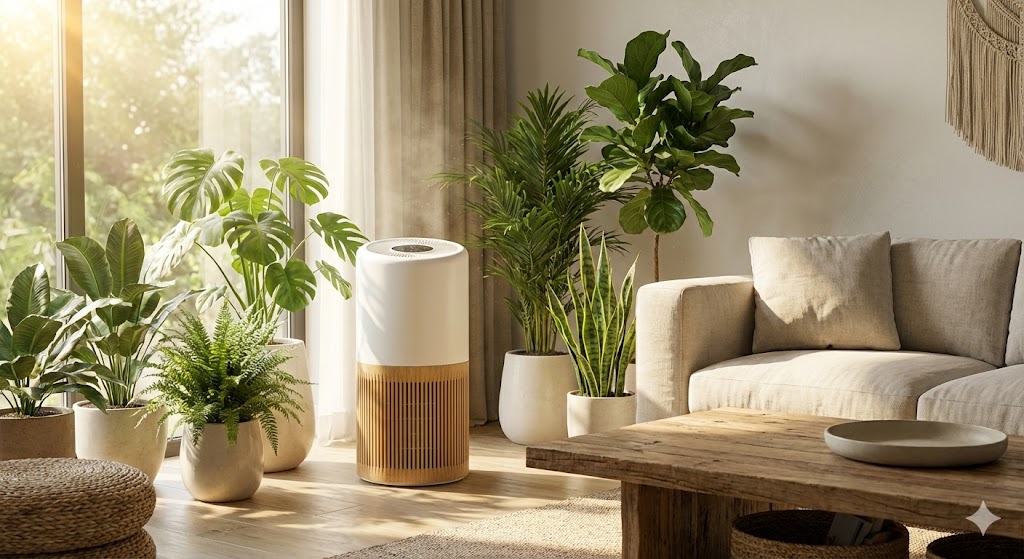 Современный интерьер с очистителем воздуха и комнатными растениями для здоровья легких. 