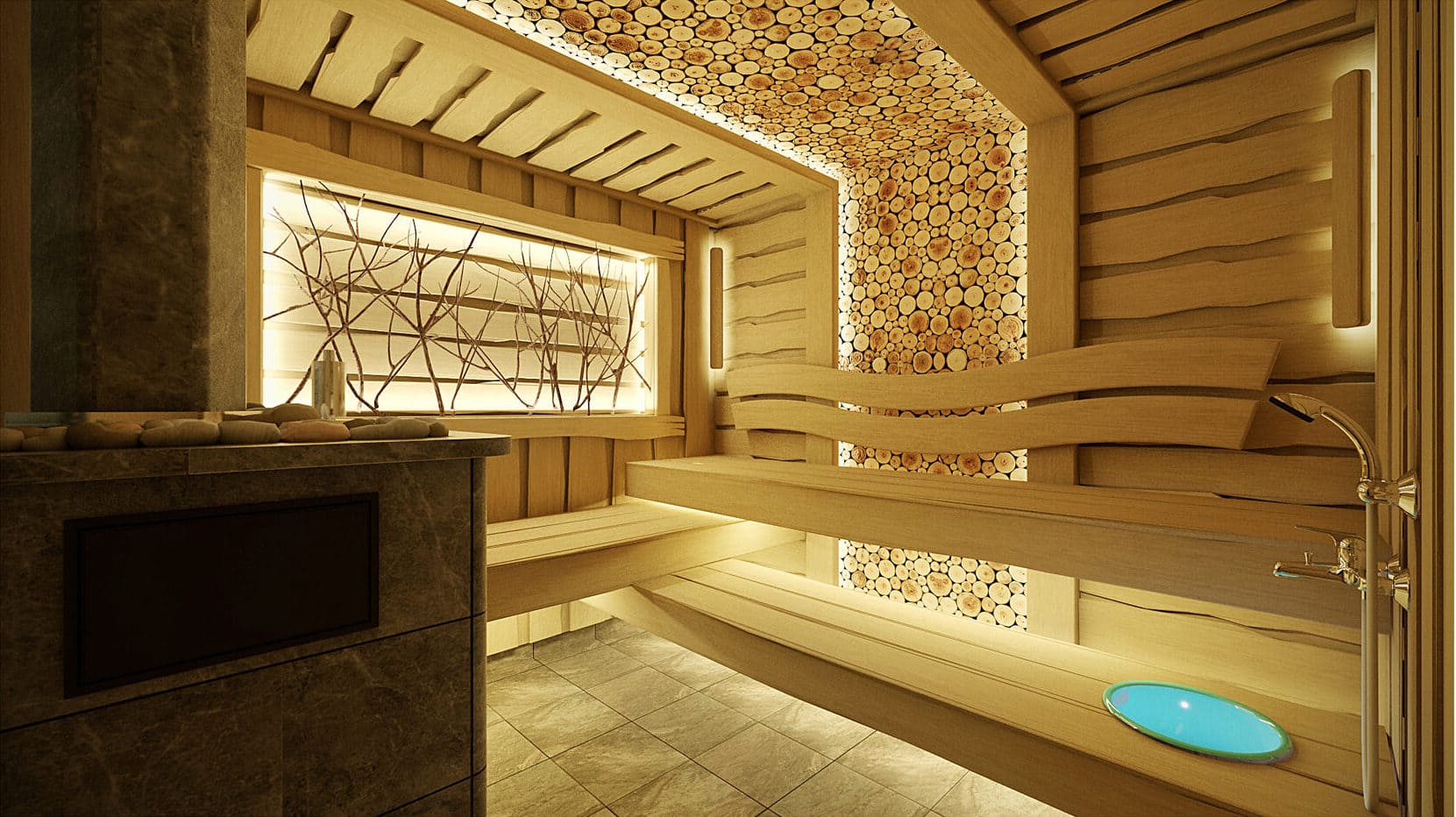 дизайн внутренней отделки бани из термодоски Шале | Sauna3D