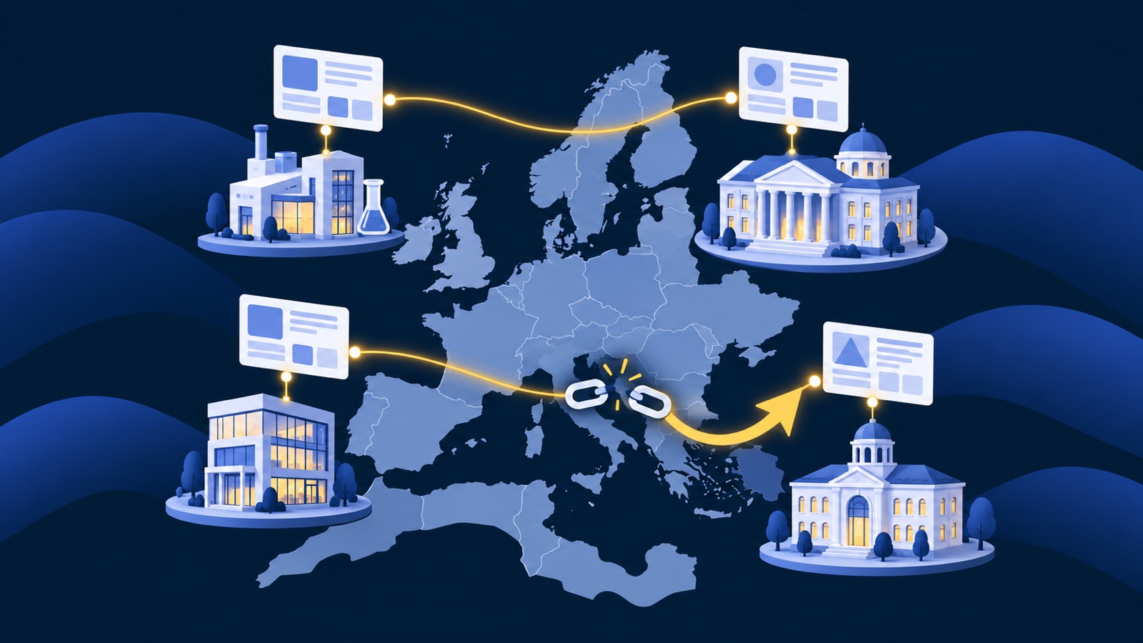 Link exchange with project partners illustration: partner organisations across Europe connected by links, one broken link redirected