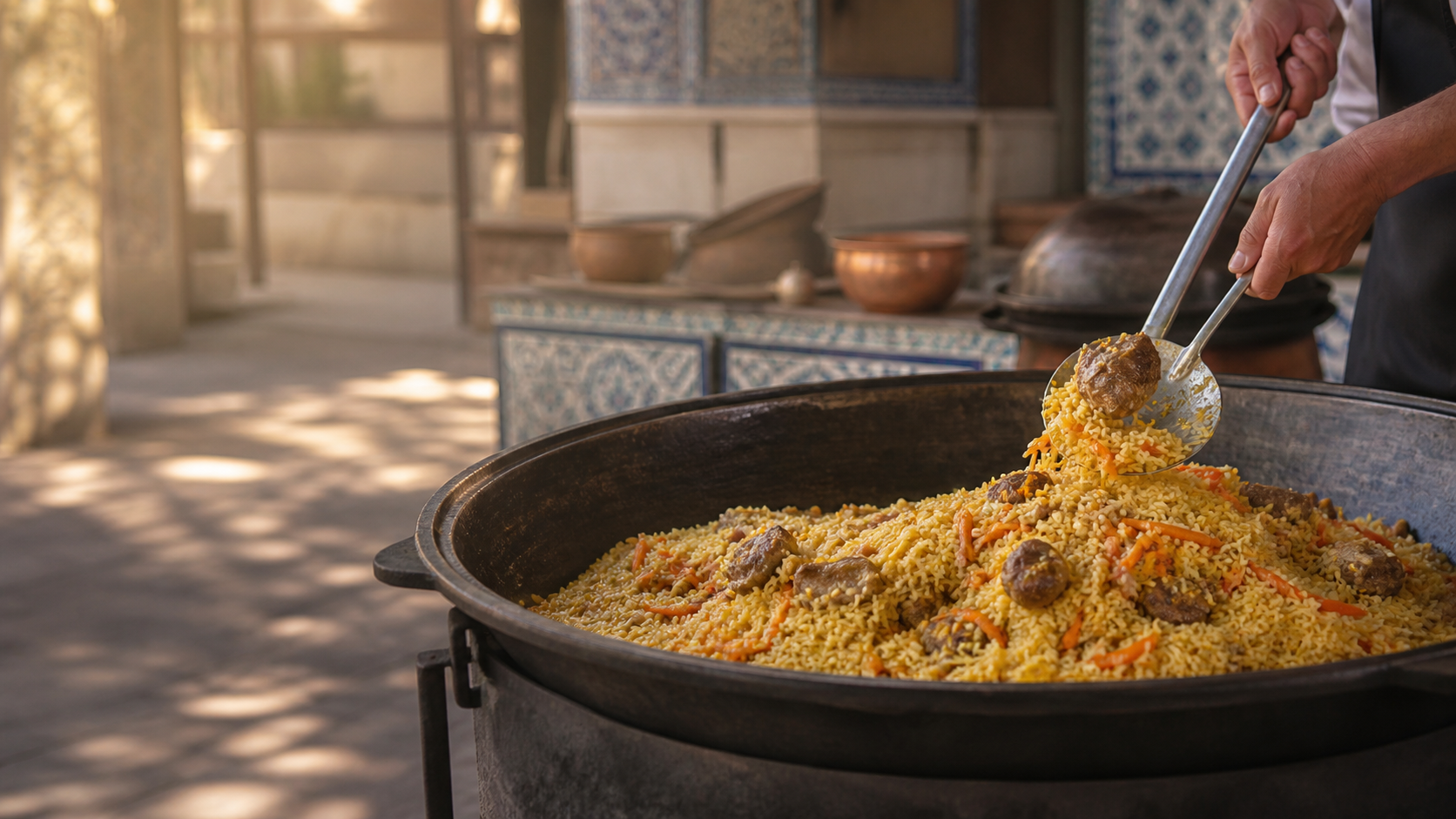 A cook serving Uzbek plov with rice, carrots and meat from a large traditional cauldron