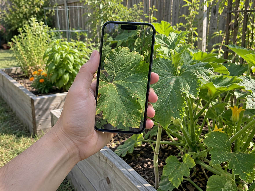 Phone framing a leaf to identify a plant from a photo for free in a backyard garden