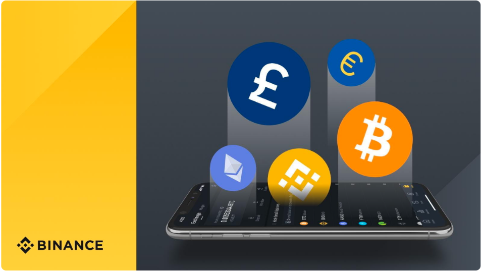 Mobile device with cryptocurrency images coming out of the screen Binance