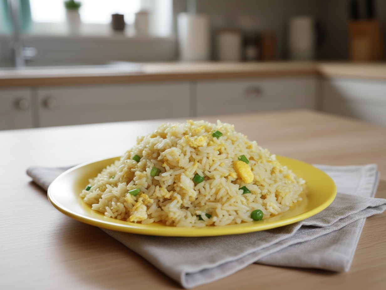 Готовый жареный рис с кусочками омлета, зелёным горошком и луком на тарелке.