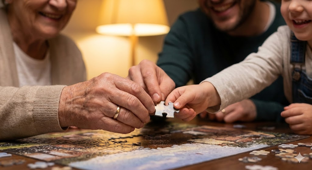 Семья вместе собирает большой пазл за столом