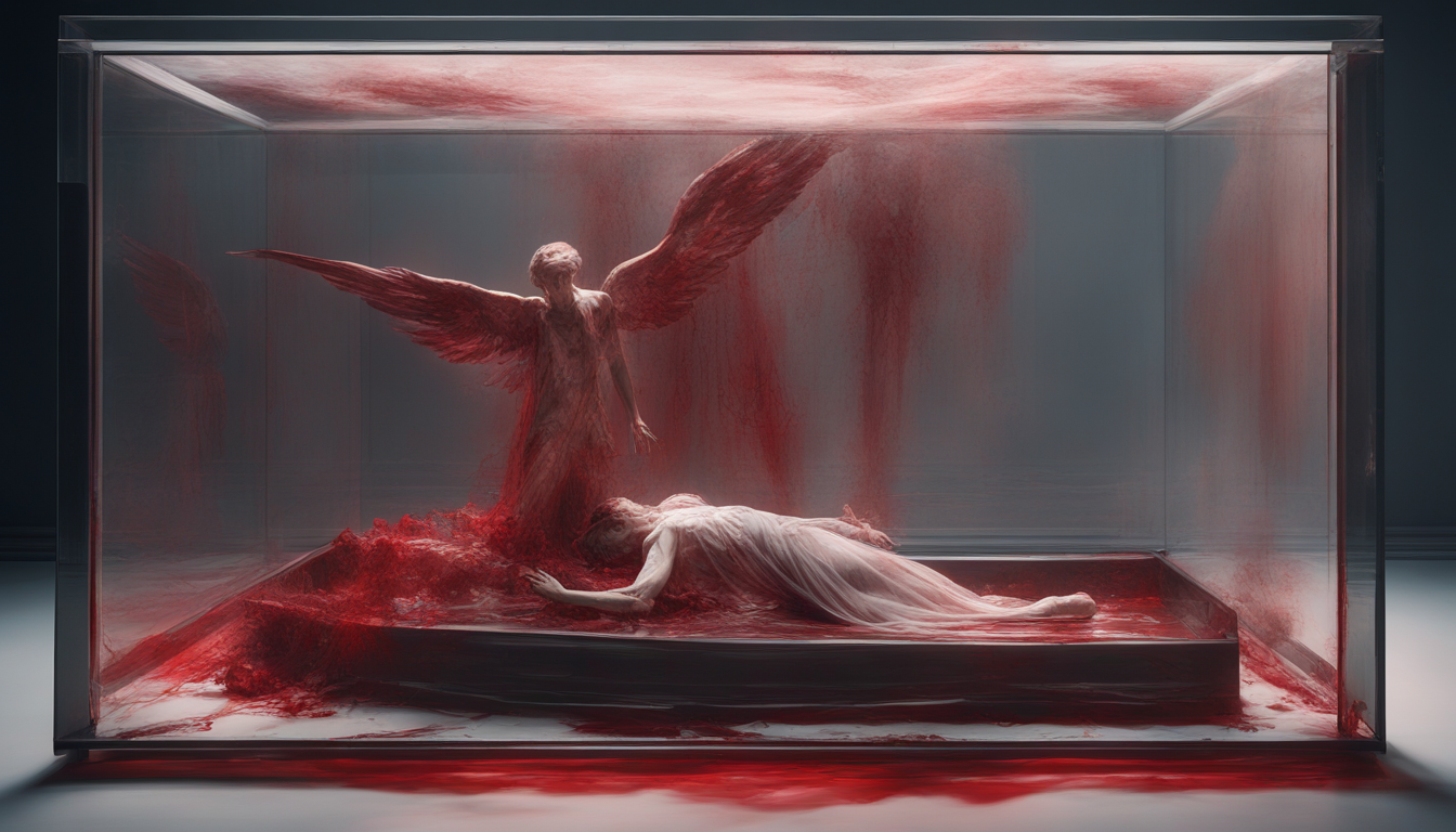 cinematic still, James McNeill Whistler, translucent vaporous ghostly fallen angel drenched in blood, inside a glass box, 3d render, futuristic Surrealism, Vibrant Interplay of Light and Shadow --ar 16:9 --model sdxl