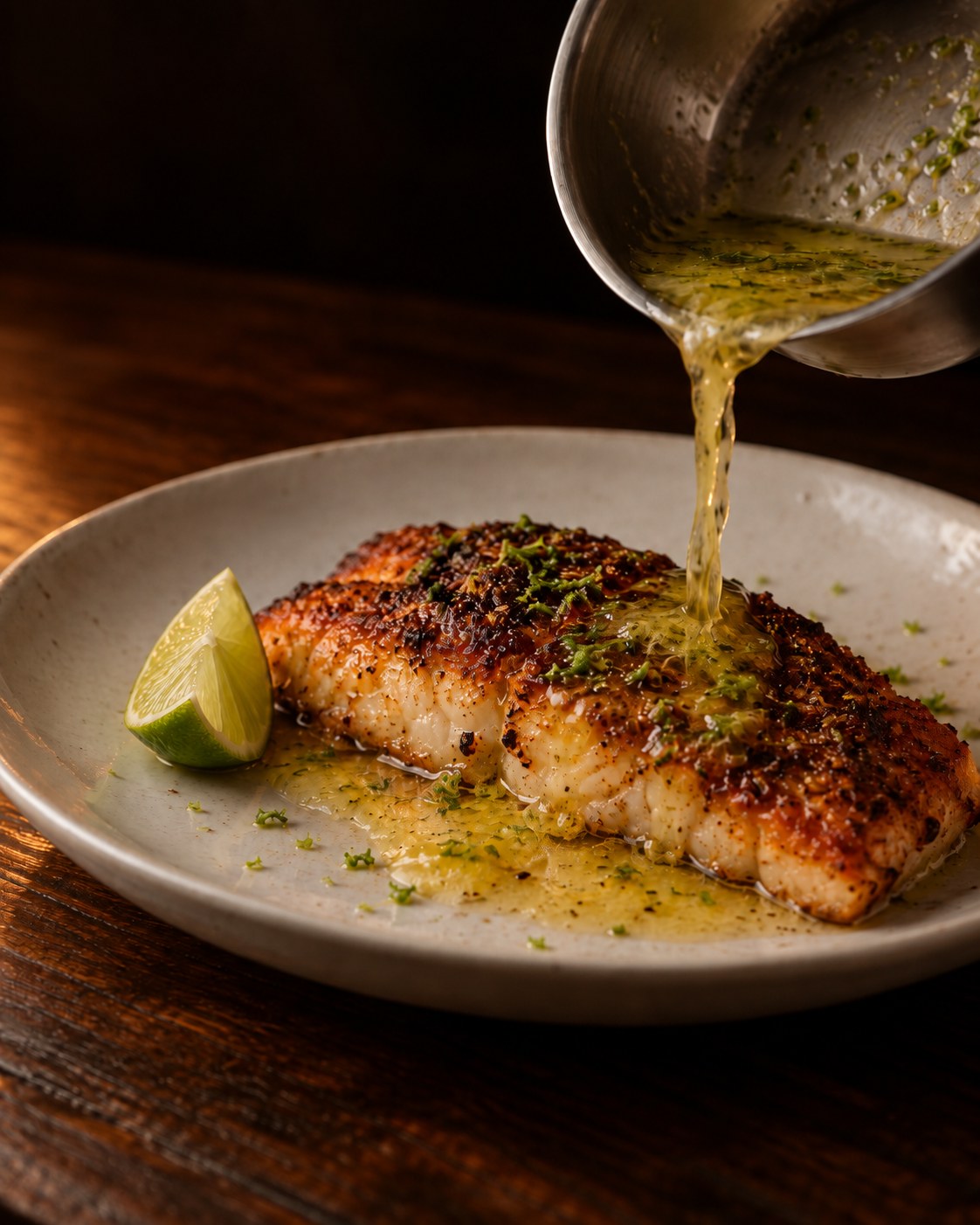 Lime zest butter being poured over a seared red snapper fillet with a dark paprika and cayenne crust