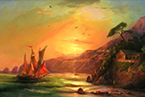 картина море корабль скалы закат